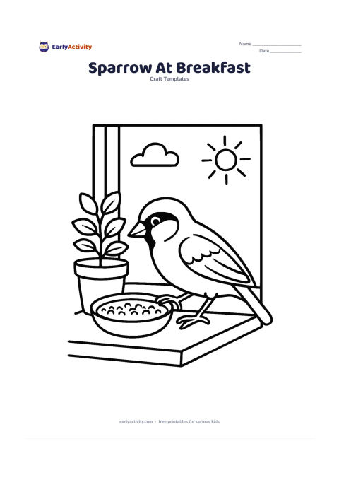 Worksheet: Draw a sparrow perched on the edge of a shallow Indian kitchen windowsill, pecking at a small bowl of grains. Include a window frame, one potted herb and a morning sky beyond, while…