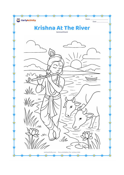 Colouring page: Draw Krishna standing beside the Yamuna River at dawn, playing his flute while two cows drink nearby. Include riverbank grasses, lotus flowers, a boat in the distance, and soft hills.