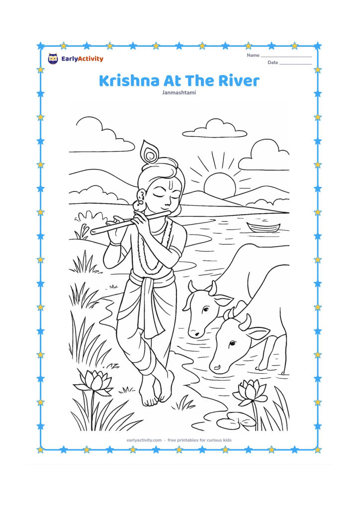 Colouring page: Draw Krishna standing beside the Yamuna River at dawn, playing his flute while two cows drink nearby. Include riverbank grasses, lotus flowers, a boat in the distance, and soft hills.
