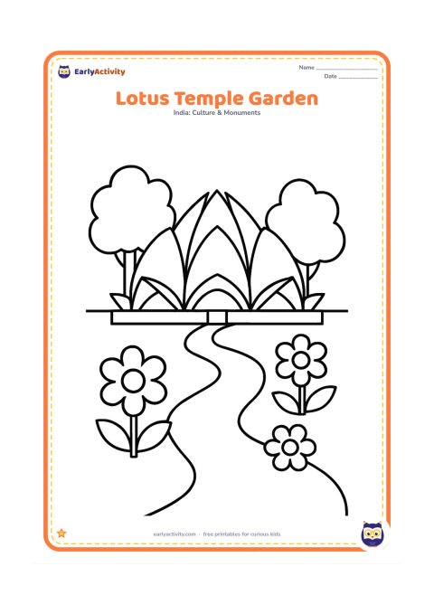 Colouring page: Place the Lotus Temple behind a simple garden with two large trees, a winding path, and a few oversized flowers. Keep the building fully visible in the centre.