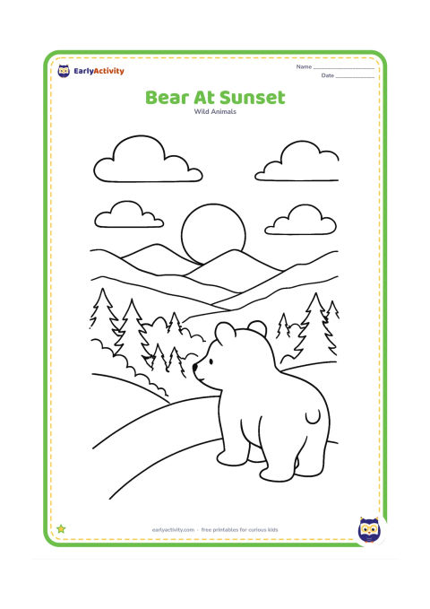 Colouring page: A bear stands on a hill looking across a forest valley at a low sun, with layered mountains, clouds, and silhouetted pine trees.