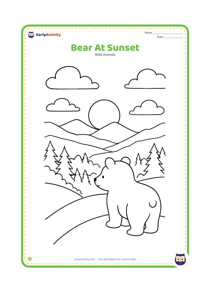 Colouring page: A bear stands on a hill looking across a forest valley at a low sun, with layered mountains, clouds, and silhouetted pine trees.