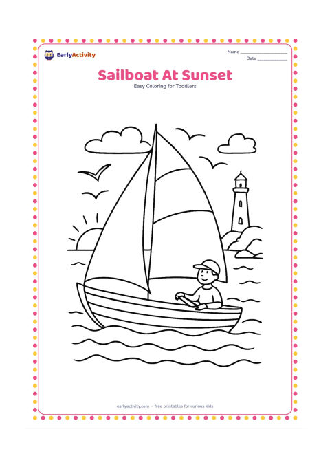 Colouring page: Draw a sailboat moving across the sea at sunset, with two large sails, a curved hull and a sailor holding the tiller. Add seabirds, a rocky shore and a lighthouse in the distance without…