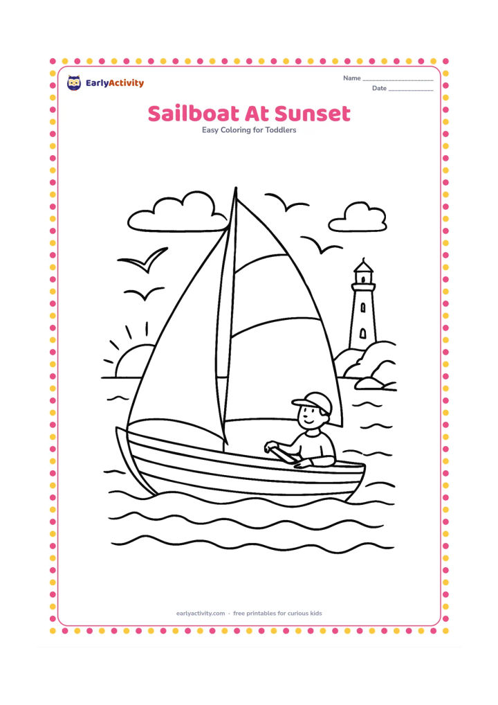 Colouring page: Draw a sailboat moving across the sea at sunset, with two large sails, a curved hull and a sailor holding the tiller. Add seabirds, a rocky shore and a lighthouse in the distance without…
