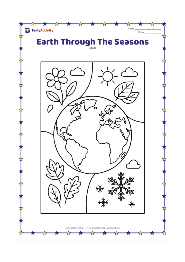 Colouring page: Place one detailed Earth in the center with four surrounding seasonal panels: spring flowers, summer leaves, autumn leaves and winter snow. Add small Sun and cloud changes in each panel…