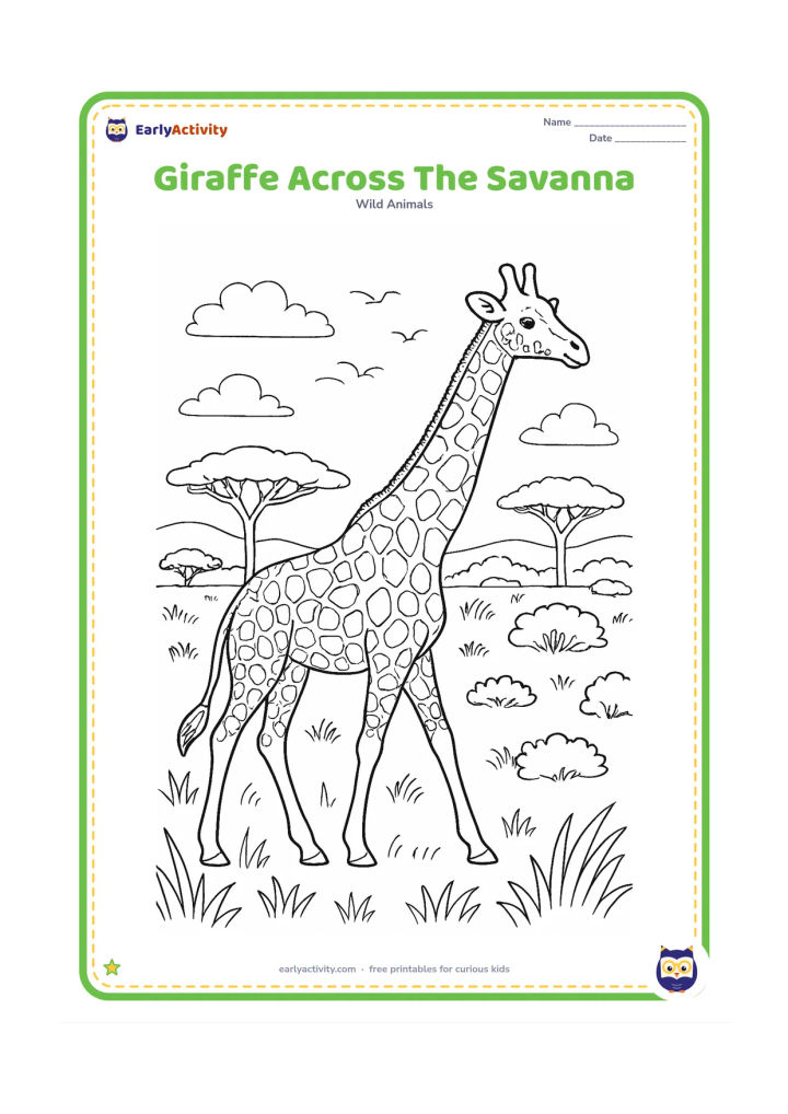 Colouring page: A giraffe walks through a detailed savanna panorama with layered grass, acacia trees, distant hills, clouds, flying birds and scattered bushes. Show the animal in full profile with a…