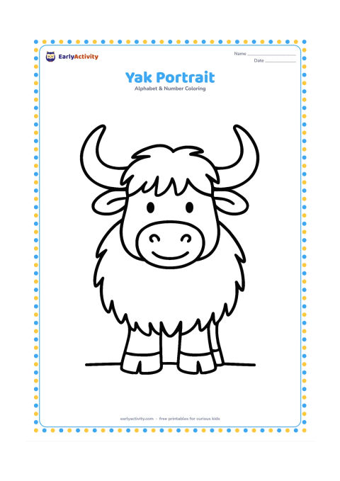 Colouring page: Draw a friendly yak facing forward with large horns, shaggy hair, and a simple ground line beneath its feet.
