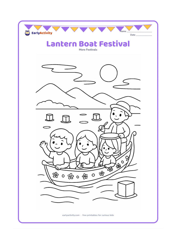 Colouring page: Draw a small decorated boat carrying three children and a drummer across a calm river at dusk, with several floating lanterns and mountains in the distance. Add curved water lines and a…