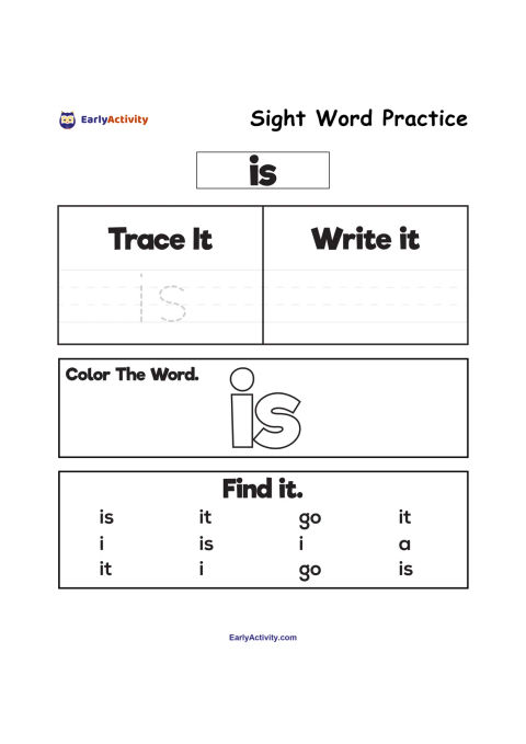 Worksheet for practising the sight word “is” with tracing, writing, colouring and finding activities.