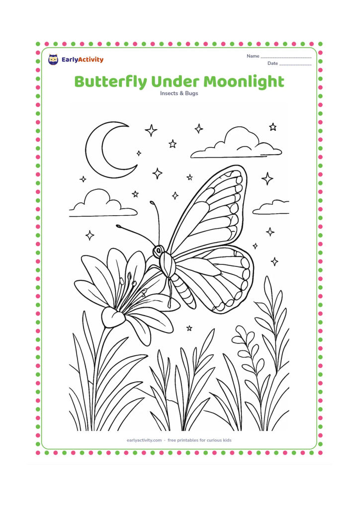 Colouring page: Draw a butterfly resting on a night-blooming flower beneath a crescent moon, with stars, wispy clouds, tall grasses, and distant garden plants. Show the wings open in a detailed…