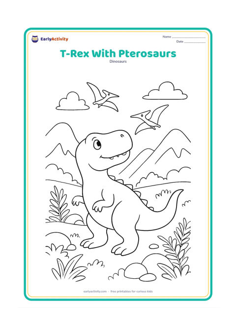 Colouring page: A friendly T-Rex looks upward while two small pterosaurs fly across the sky above it. Place the dinosaur in a grassy valley with ferns, rounded rocks, and distant mountains.