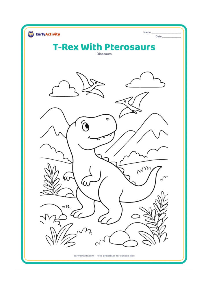 Colouring page: A friendly T-Rex looks upward while two small pterosaurs fly across the sky above it. Place the dinosaur in a grassy valley with ferns, rounded rocks, and distant mountains.