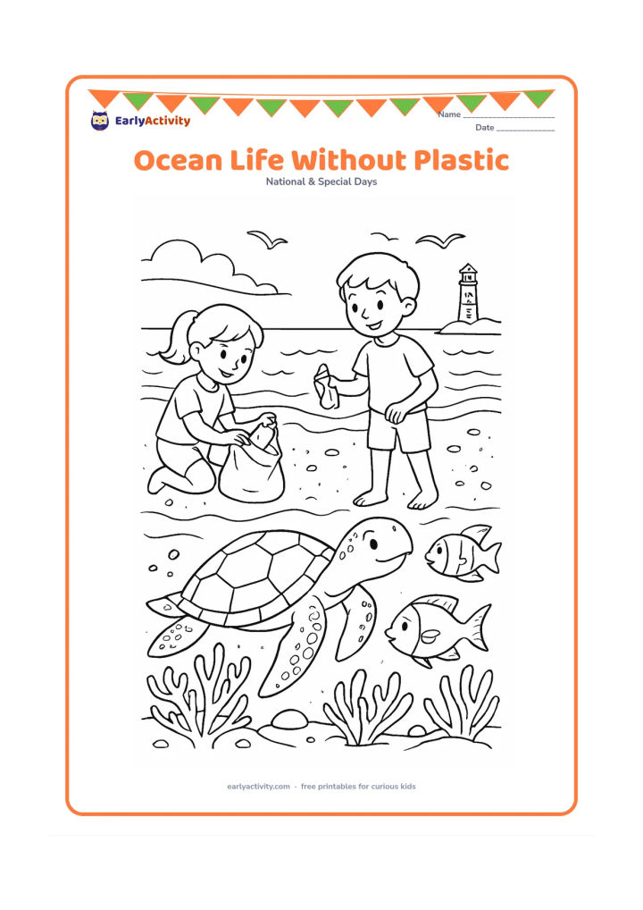Colouring page: Draw a detailed underwater scene with a sea turtle, fish, coral, seagrass and a clean seabed while children on a beach above collect plastic into a reusable bag. Include waves, a…