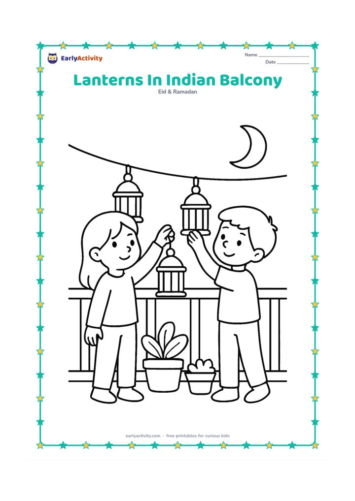 Colouring page: Two children hang lanterns along an apartment balcony, with potted plants, a railing, and a crescent moon in the evening sky.