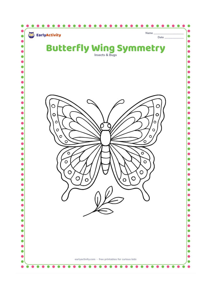 Colouring page: Draw one large butterfly facing forward with both wings fully spread, filled with mirrored geometric panels, dots, curves, and scalloped edges. Add only a small leafy branch beneath the…