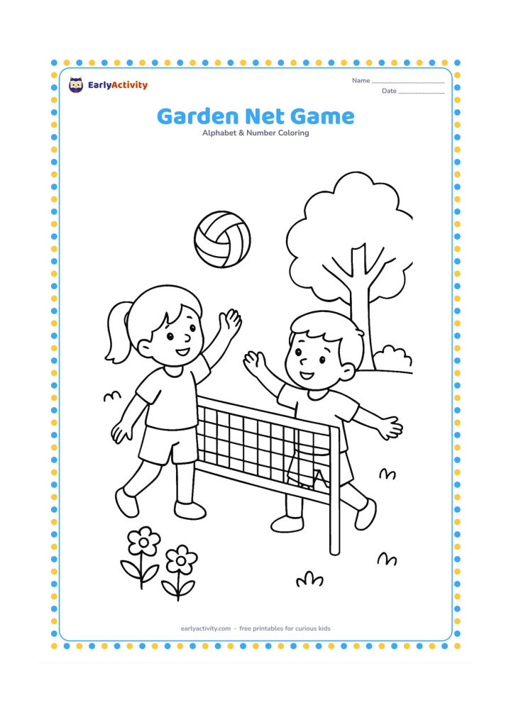 Colouring page: Draw two children playing with a ball beside a low net in a garden. Include a few flowers, a tree, and a clear open patch of ground.