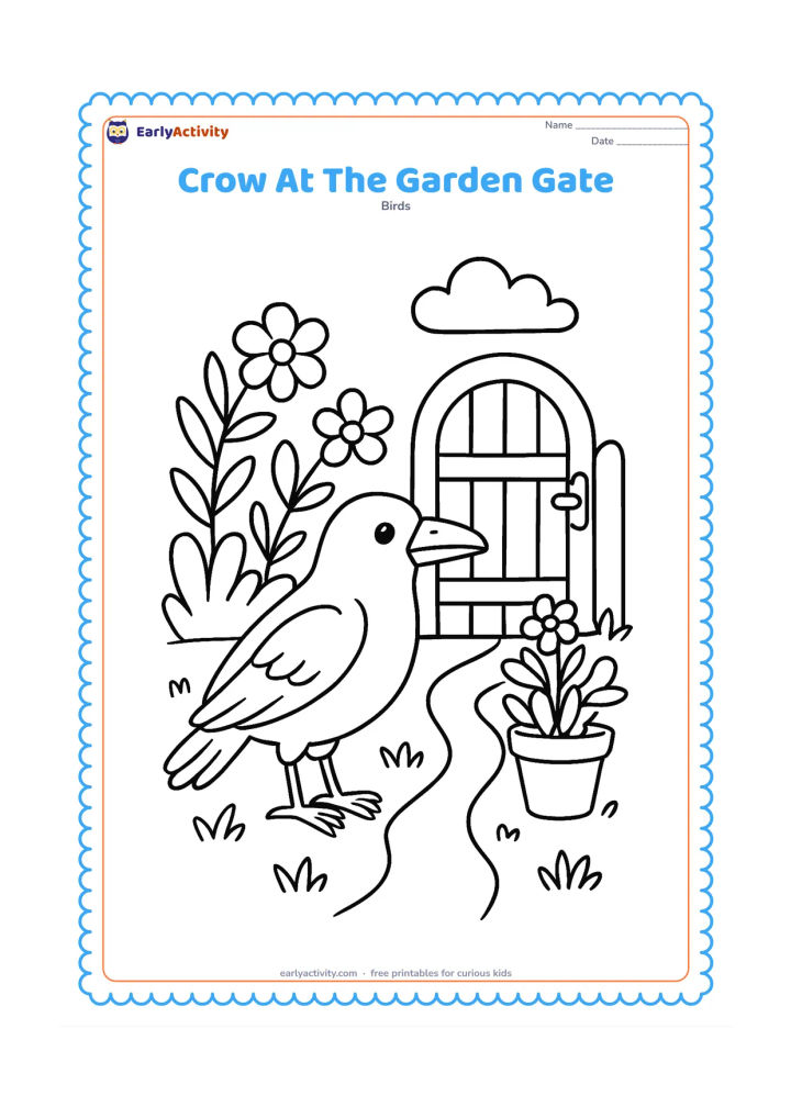 Colouring page: A crow stands beside a small garden gate, flowering plants, a clay pot, and a winding path.