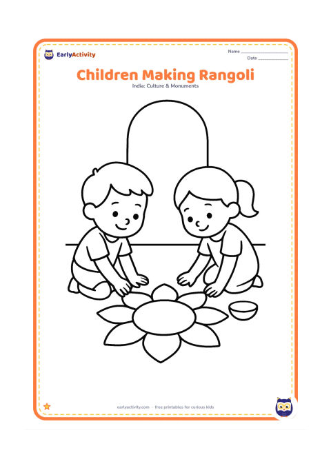 Colouring page: Show two young children kneeling on opposite sides of a large simple rangoli, each placing a few big powder shapes with their hands. Add a doorway, a small bowl and a clean floor.