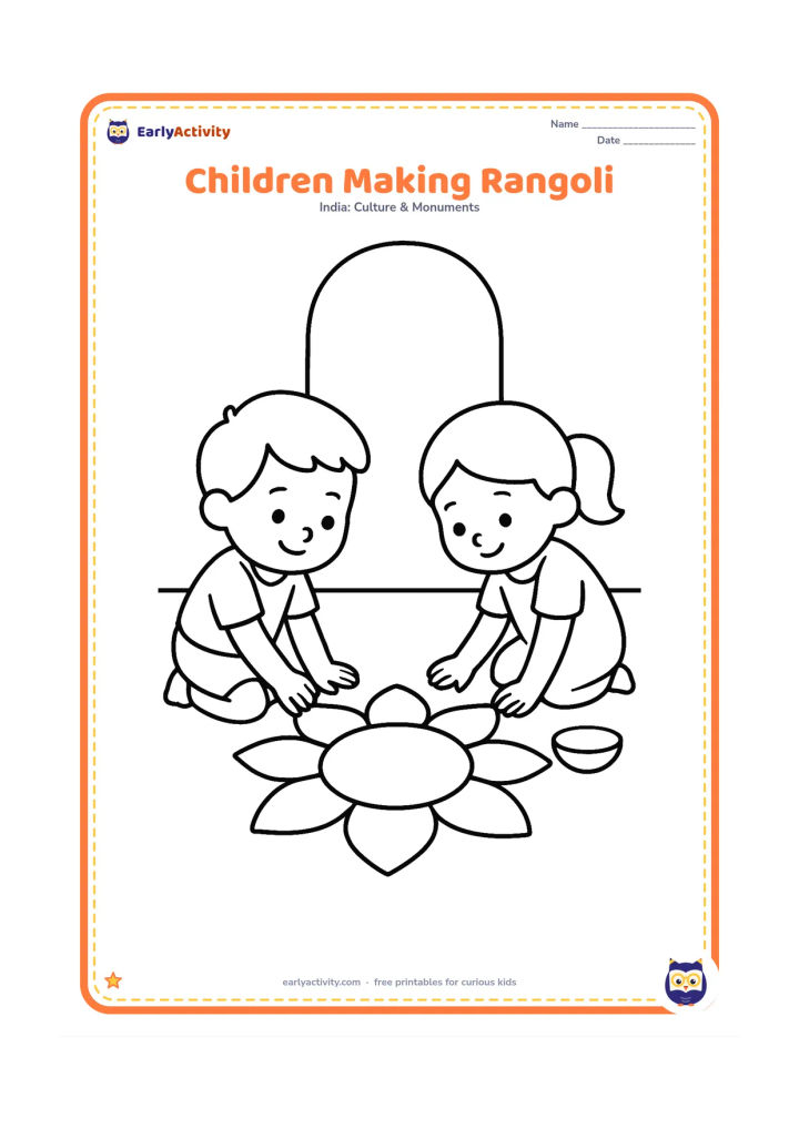 Colouring page: Show two young children kneeling on opposite sides of a large simple rangoli, each placing a few big powder shapes with their hands. Add a doorway, a small bowl and a clean floor.