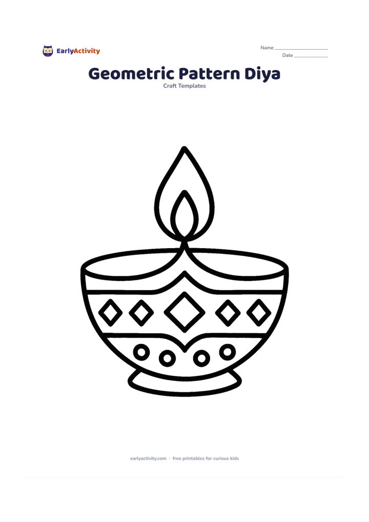 Worksheet: A centered diya contains a balanced pattern of triangles, diamonds, and circles inside its bowl, with a flame above and a clean empty background.