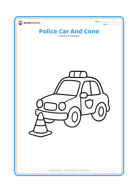 Colouring page: Draw a police car stopped beside one large traffic cone, shown in a three-quarter view. Include two large wheels, a windscreen, a roof light and a plain door badge.