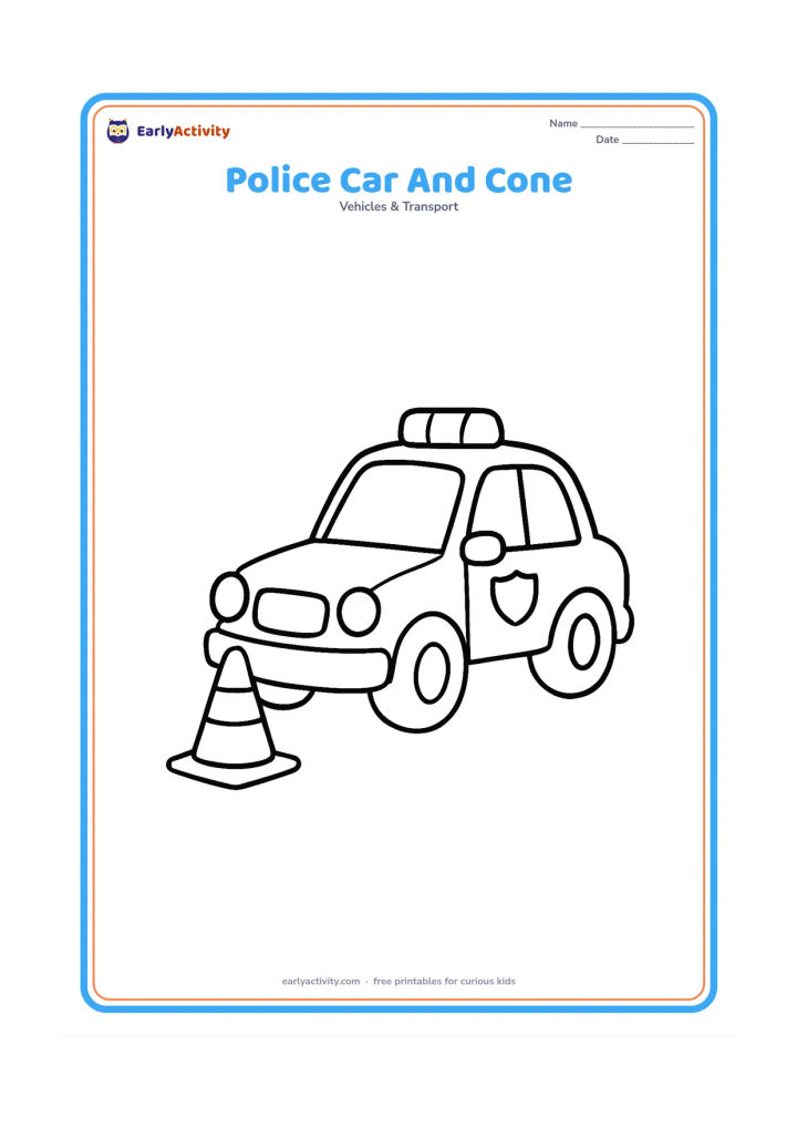 Colouring page: Draw a police car stopped beside one large traffic cone, shown in a three-quarter view. Include two large wheels, a windscreen, a roof light and a plain door badge.