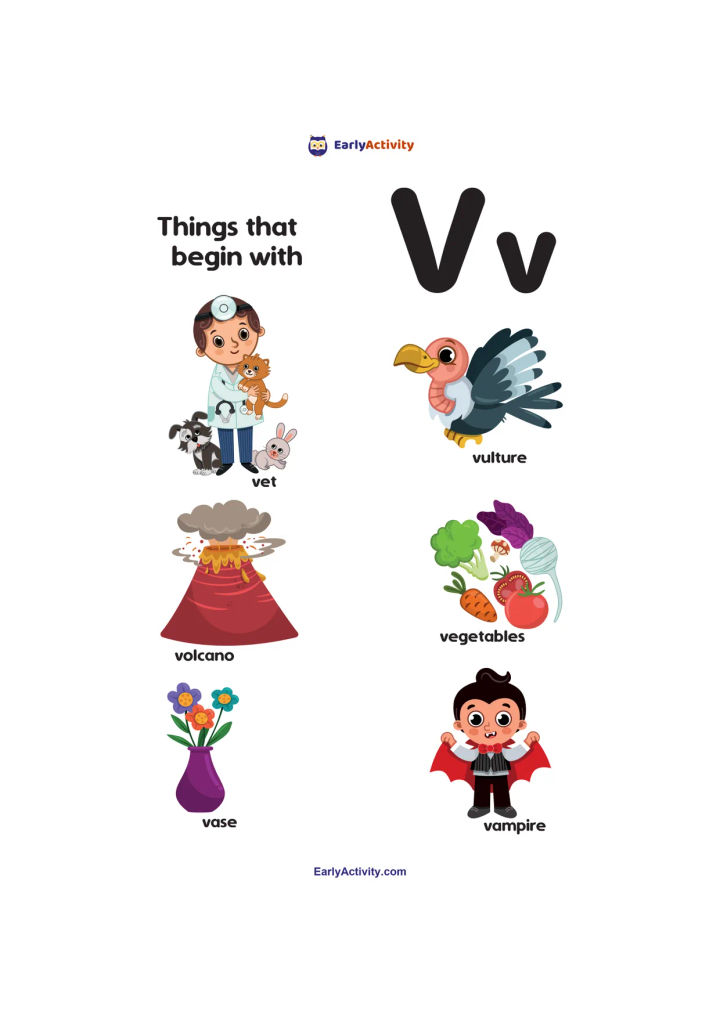 Worksheet showing uppercase and lowercase V with labelled pictures of a vet, vulture, volcano, vegetables, vase and vampire.