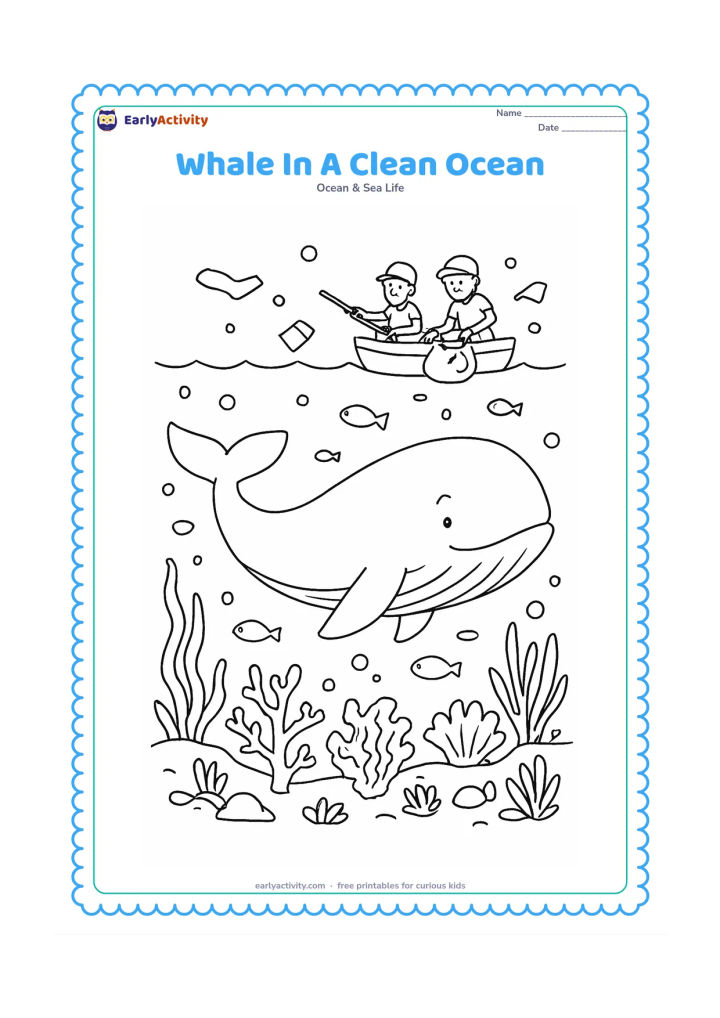 Colouring page: Show a whale swimming through a healthy ocean with sea plants, fish, coral shapes, bubbles, and a small boat carrying people who are carefully collecting floating litter. Keep the litter…