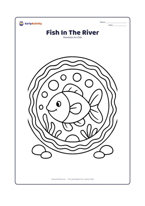 Colouring page: A cheerful fish swims through the centre of a round mandala. Surround it with broad bubbles, simple water plants, rounded stones and repeated wave bands.