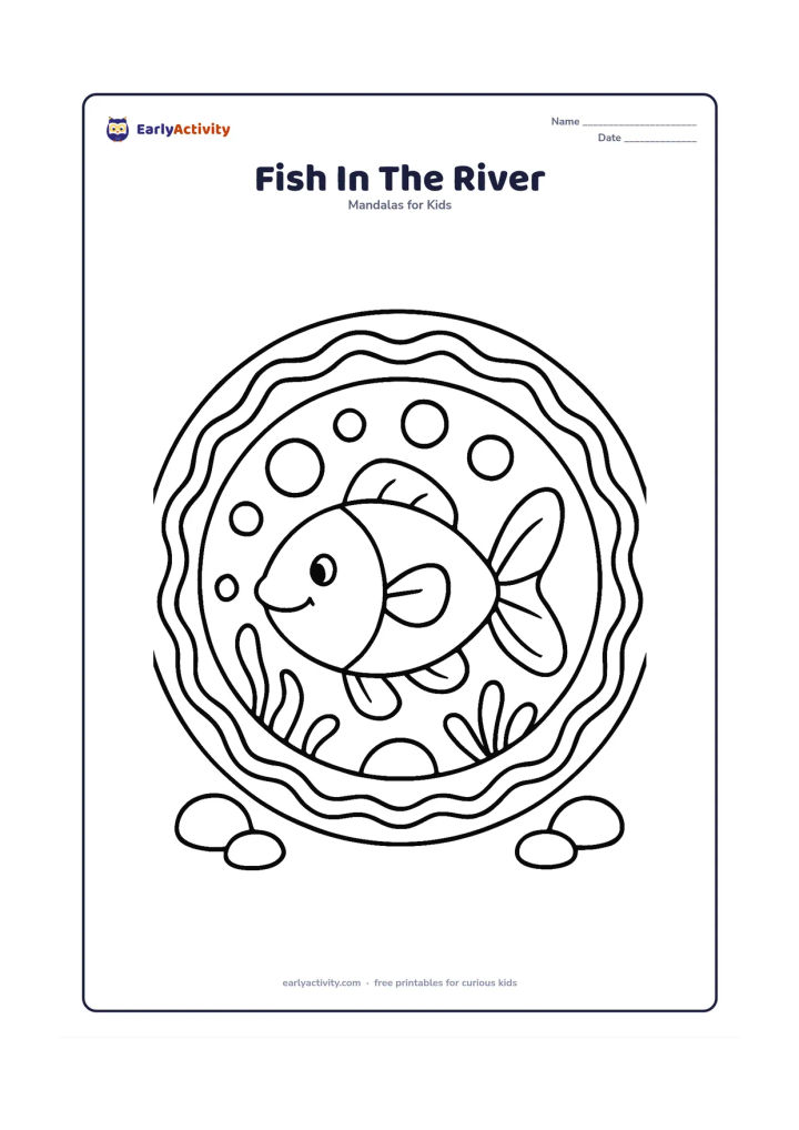 Colouring page: A cheerful fish swims through the centre of a round mandala. Surround it with broad bubbles, simple water plants, rounded stones and repeated wave bands.