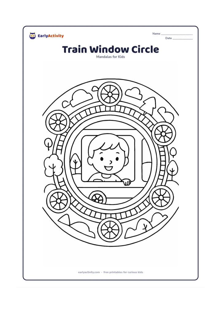 Colouring page: A circular travel mandala with a friendly child looking from a train window at the centre, surrounded by repeated wheels, tracks, trees, clouds, and small hills. Include a simple…