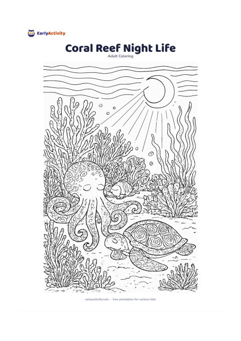 Colouring page: A reef at night shows an octopus, sleeping fish tucked near coral, a sea turtle resting on sand, sea fans and gently swaying seaweed beneath a crescent moon seen through the surface.…