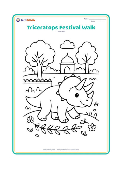 Colouring page: A friendly triceratops walks along a village path decorated with simple leaf garlands and flower patterns, with a small Indian-style courtyard wall and trees behind it. Do not include…