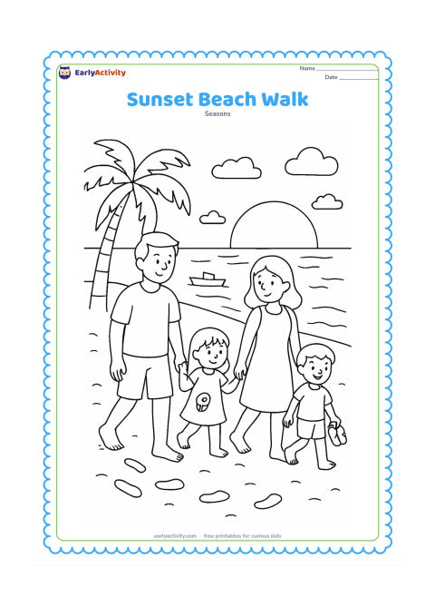 Colouring page: A family walks along the beach at sunset, with one child carrying a shell and another holding sandals. Include footprints, a fishing boat, palm trees, gentle waves, clouds and a large…