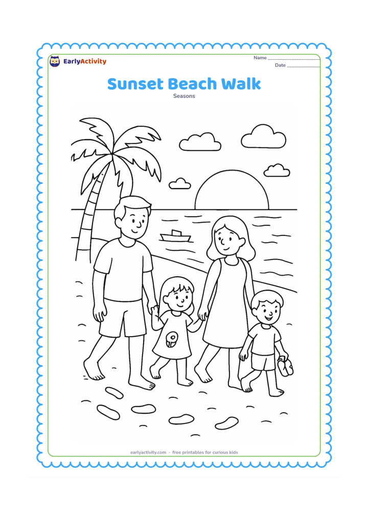 Colouring page: A family walks along the beach at sunset, with one child carrying a shell and another holding sandals. Include footprints, a fishing boat, palm trees, gentle waves, clouds and a large…