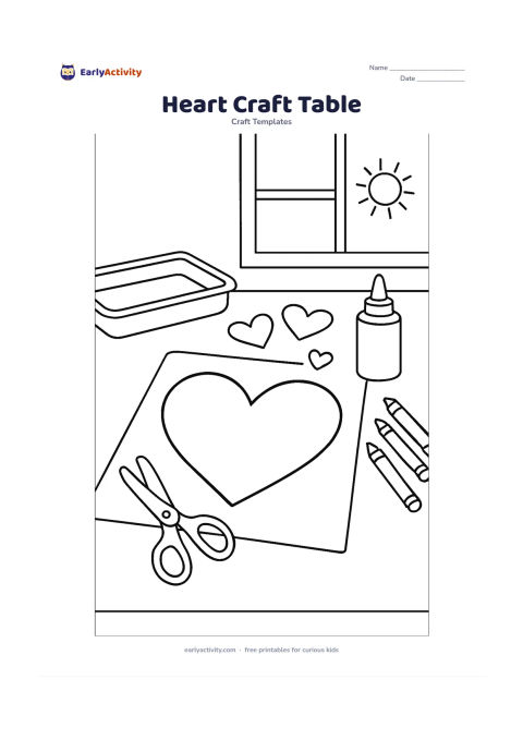 Worksheet: Draw a large blank heart template on a craft table beside child-safe scissors, glue, crayons, paper scraps and three smaller heart cut-outs. Include a simple classroom tray and a sunny…