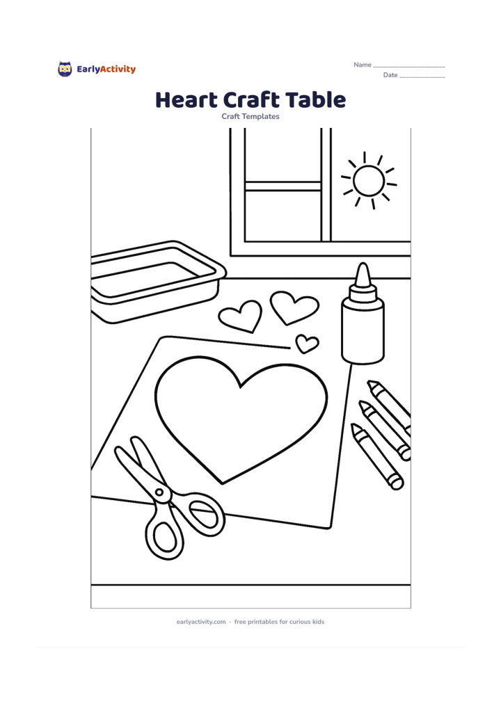 Worksheet: Draw a large blank heart template on a craft table beside child-safe scissors, glue, crayons, paper scraps and three smaller heart cut-outs. Include a simple classroom tray and a sunny…