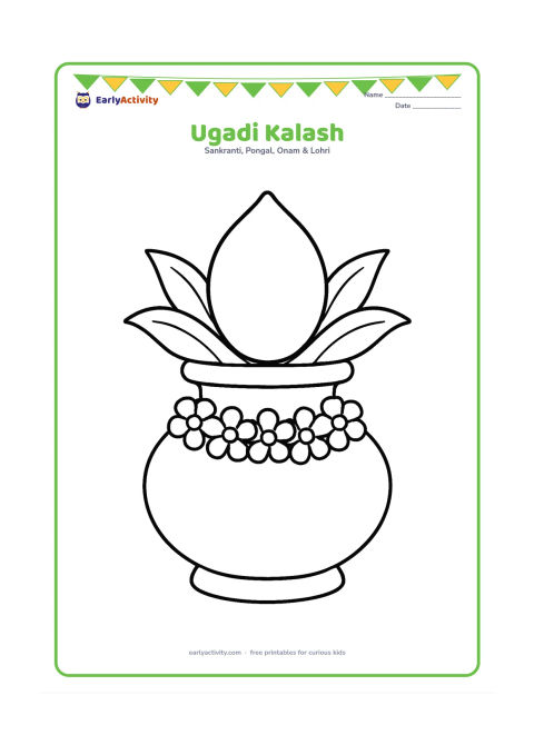 Colouring page: A decorated Ugadi kalash with a coconut, mango leaves and a flower garland, centered on a clear open background.