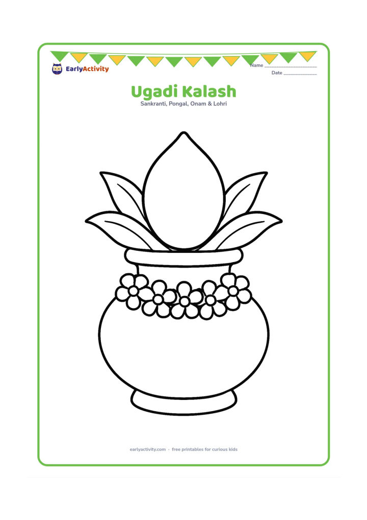 Colouring page: A decorated Ugadi kalash with a coconut, mango leaves and a flower garland, centered on a clear open background.