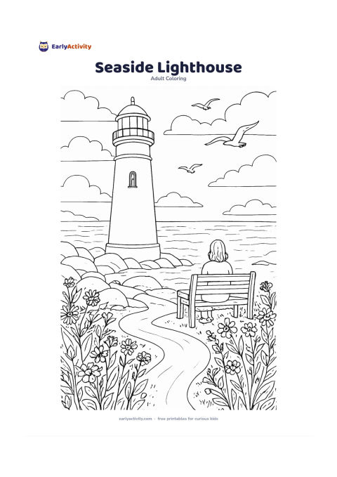 Colouring page: Show a tall lighthouse beside a calm sea, with large rocks, seabirds, a winding path, and wildflowers in the foreground. Include a person sitting peacefully on a bench facing the water.