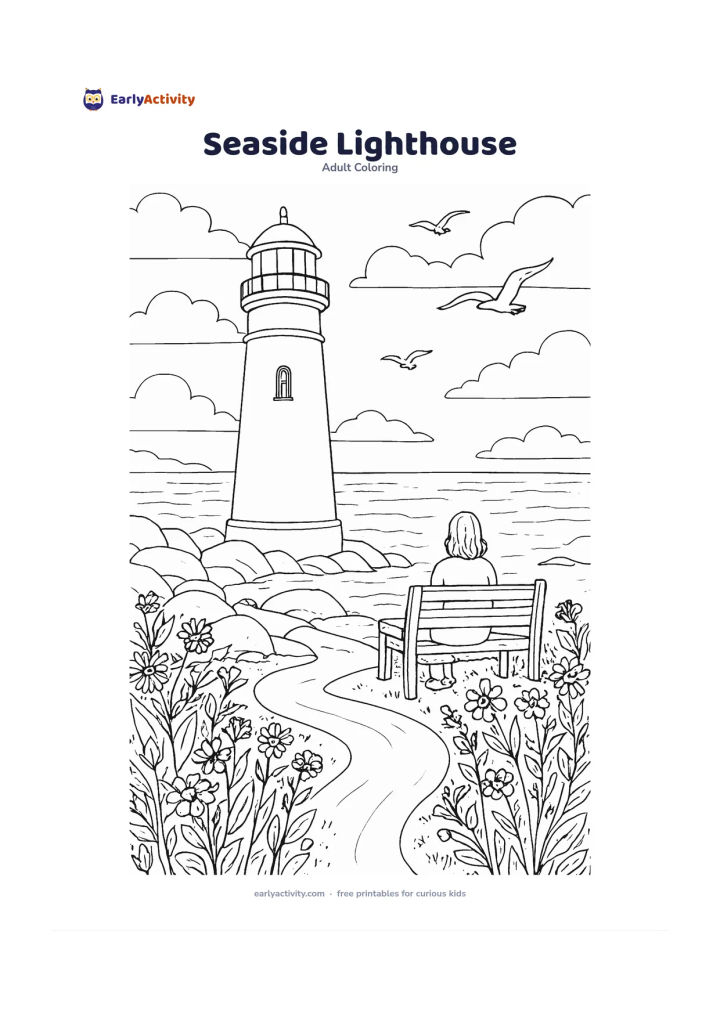 Colouring page: Show a tall lighthouse beside a calm sea, with large rocks, seabirds, a winding path, and wildflowers in the foreground. Include a person sitting peacefully on a bench facing the water.