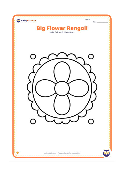 Colouring page: Draw a large central rangoli made from four oversized flower petals and a round middle, with a simple scalloped border on a clear floor area. Add only a few large dots around the outside.