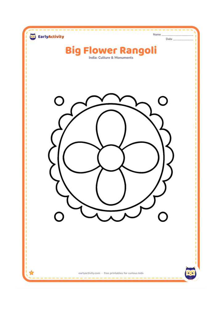 Colouring page: Draw a large central rangoli made from four oversized flower petals and a round middle, with a simple scalloped border on a clear floor area. Add only a few large dots around the outside.