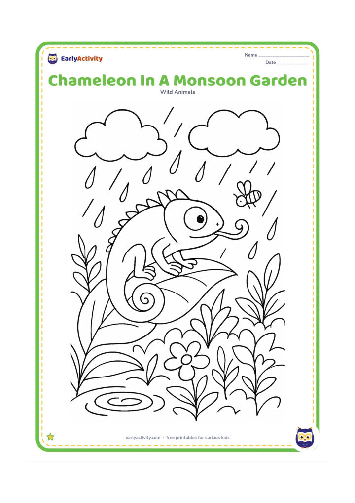 Colouring page: A chameleon sits on a broad leaf during an Indian monsoon shower, with rain clouds, puddle ripples, small flowers and layered garden plants. Its tongue points toward a tiny insect.