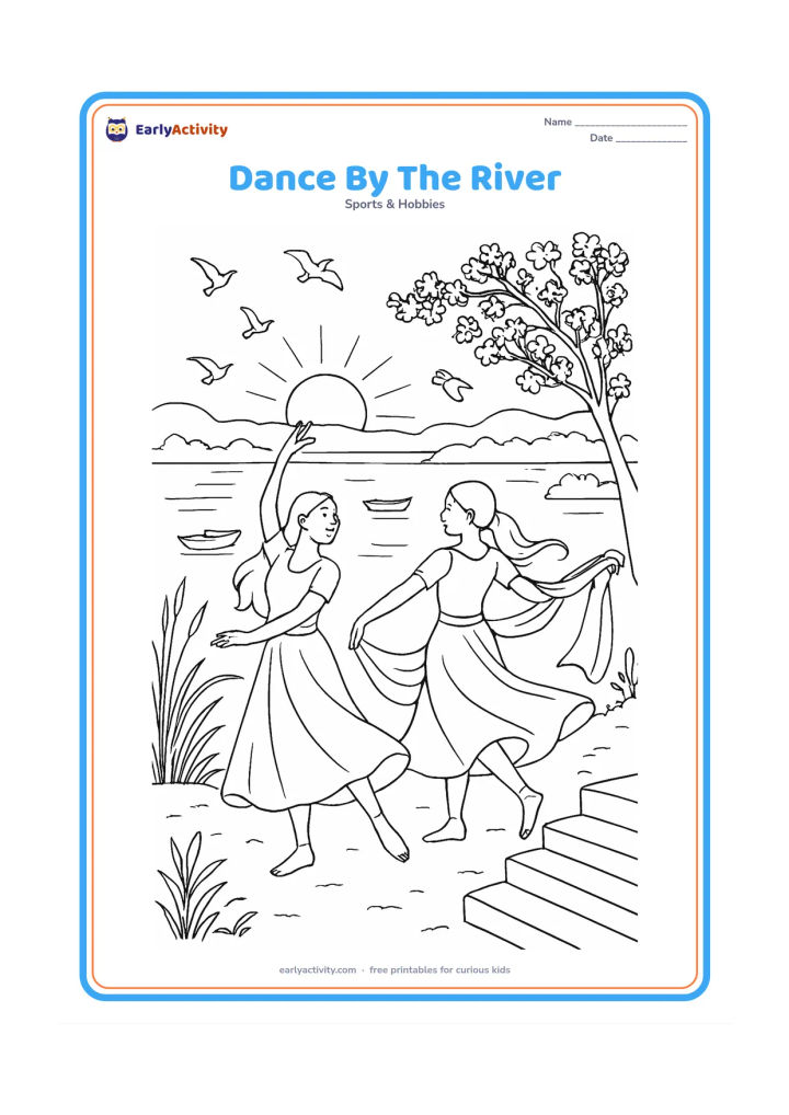 Colouring page: Draw two friends performing a graceful duet beside an Indian riverside at sunrise, with one dancer reaching upward and the other turning with a long scarf. Add steps to the water, boats,…