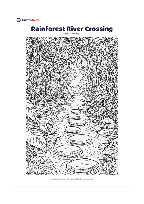 Colouring page: A clear river passes through a lush rainforest, with a natural stepping-stone crossing, broad tropical leaves, twisting roots, vines, mossy rocks and a distant sunlit opening. Make the…