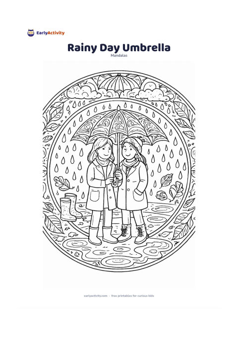 Colouring page: Place an open umbrella over two friends sharing shelter at the centre of a circular rainy-day mandala, surrounded by puddles, boots, raindrops, clouds, leaves, and repeating curved…