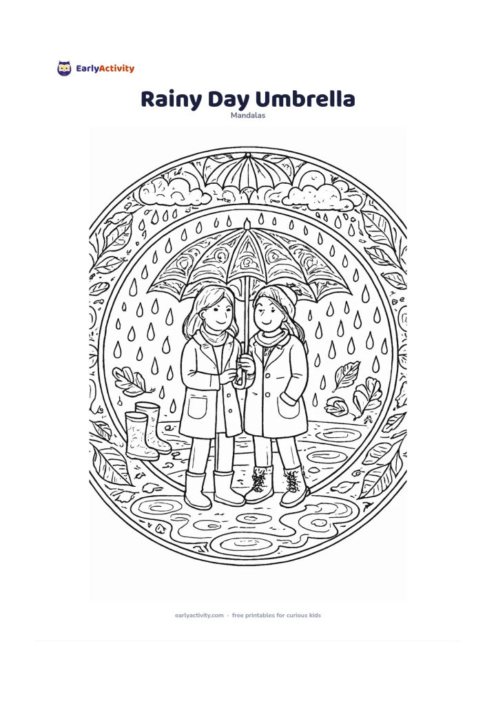 Colouring page: Place an open umbrella over two friends sharing shelter at the centre of a circular rainy-day mandala, surrounded by puddles, boots, raindrops, clouds, leaves, and repeating curved…