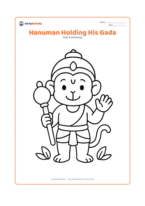 Colouring page: Hanuman stands upright holding a large gada in one hand while his other hand is raised in a friendly blessing gesture. Add a few simple leaves at his feet.