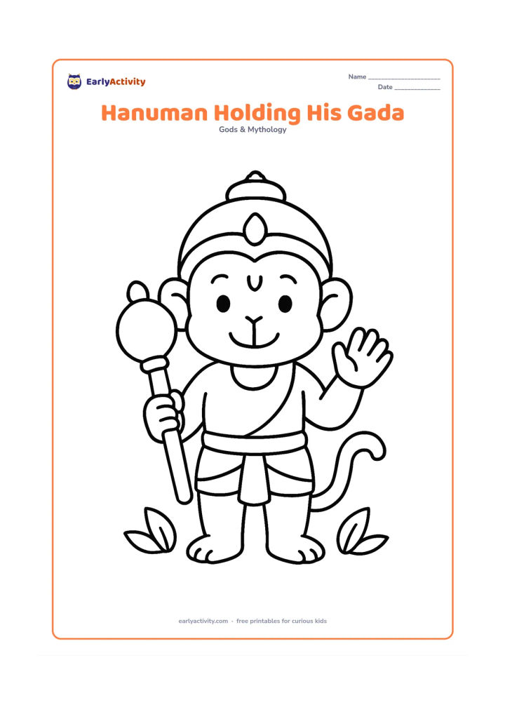 Colouring page: Hanuman stands upright holding a large gada in one hand while his other hand is raised in a friendly blessing gesture. Add a few simple leaves at his feet.
